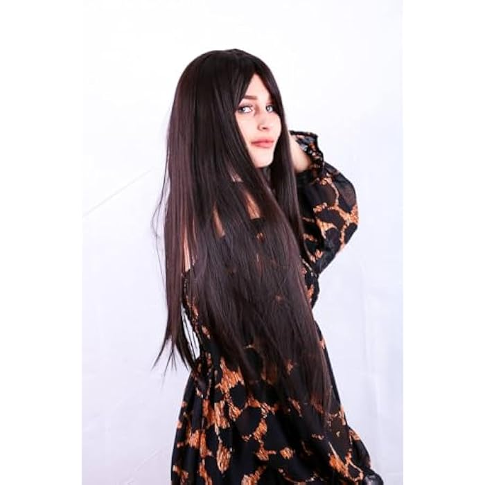 DILLARDS Long Synthetic Wig, Natural Black with Brown Highlights, Side Swept Bangs, 130% Density, Heat Sensitive, Adjustable Elastic Band with Combs, for Daily Casual Wear - Image 3